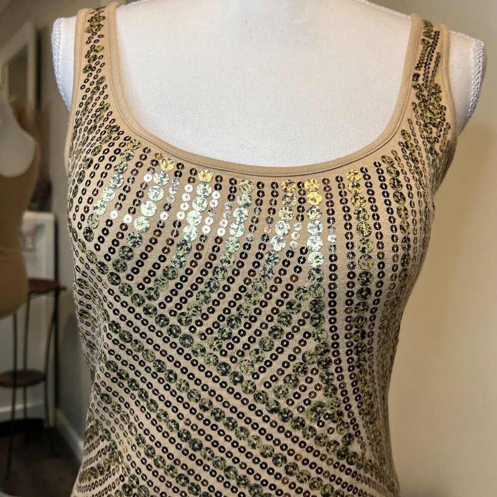 Cache Tan With Gold Sequins Tank Top, Size Small - image 3